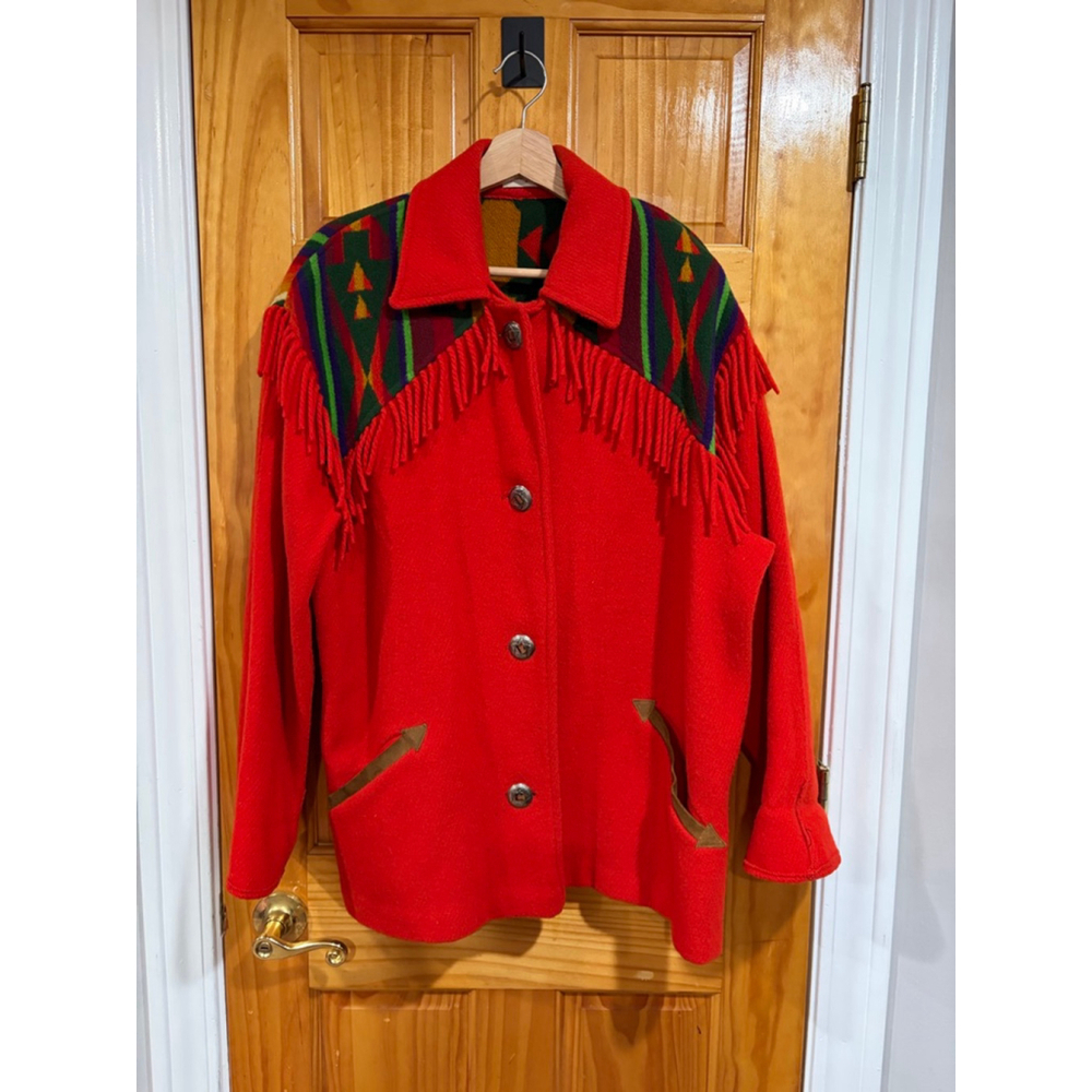 Vintage Neiman Marcus Wool Fringe Southwestern Jacket Red Navajo Coat L Western